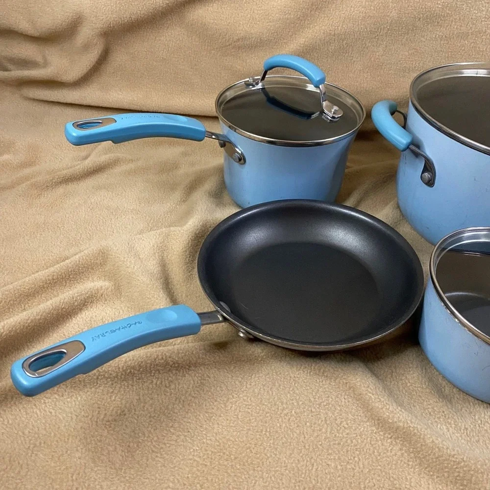 Rachael Ray Cookware Set 8pc Sky Blue Nonstick Porcelain Enamel Kitchen Pots GUC